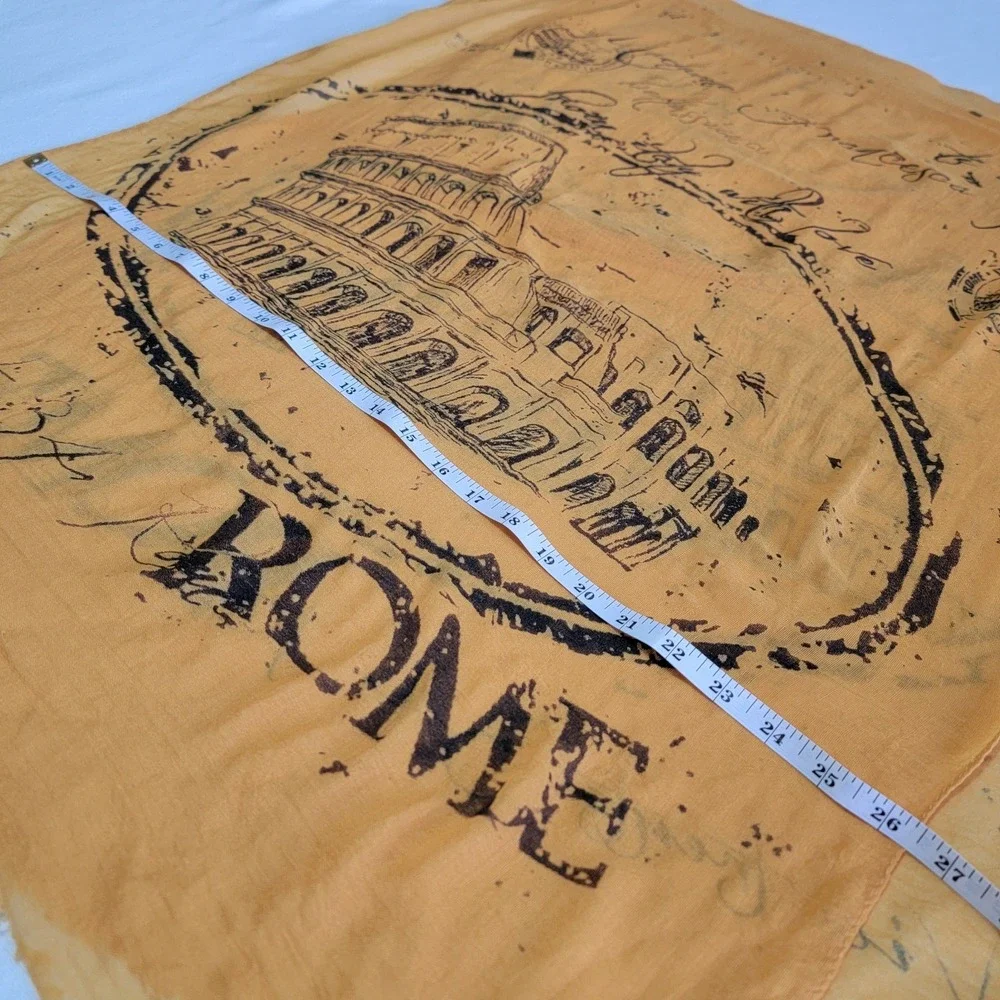 Rome Italy Themed Scarf Mustard Yellow Cotton Blend with a Sheer 70